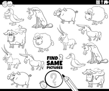 find two same farm animals task coloring book page