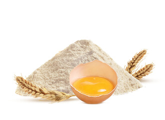 wheat flour and egg on white background