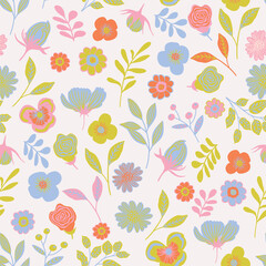 Vector colorful wild flowers seamless pattern background.