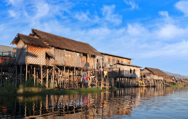 Village of Intha people over water on Inle lake, Shan state, Myanmar