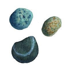 Watercolor sea pebbles set, geology, blue, turquoise stones. Natural texture with paint splashes. Can be used for print, postcard. Hand drawn raster stock illustration in realism, traditional drawing.