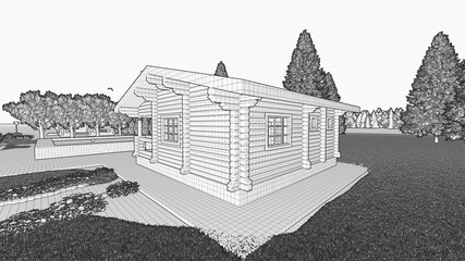 Bath log cabin, a log cabin in the background of fir trees. Black and white advertising image