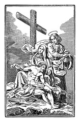 13th or thirteenth Station of the Cross or Way of the Cross or Via Crucis. Jesus is taken down from the cross.Bible,New Testament.Antique vintage biblical religious engraving or drawing.