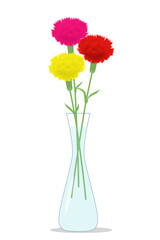 Carnation. A bouquet of red, yellow, pink carnations in a vase on a white background. Isolated vector image. Clipart