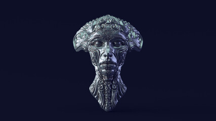 Silver Alien Queen Bust with Green Blue White Moody 80s lighting 3d illustration 3d render