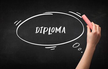 Hand drawing DIPLOMA inscription with white chalk on blackboard, education concept