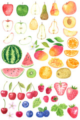 Berries and fruit clipart set. Cartoon style. Hand drawn watercolor illustrations isolated on white.