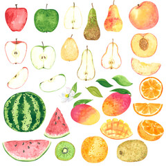 Fruit clipart set. Cartoon style. Hand drawn watercolor illustrations isolated on white.
