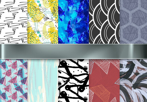 Seamless Pattern Collection with Hand Drawn Rough Abstract Strokes and Floral Elements