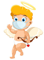Cupid in a medical mask with a bow and a halo waving. Character, Valentine's Day