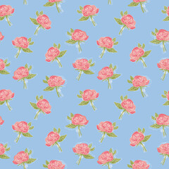 Fototapeta na wymiar Pink roses with white line drawing elements seamless pattern. cute trendy bouquet