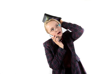 Young blond business woman on the isolated white backgroung.