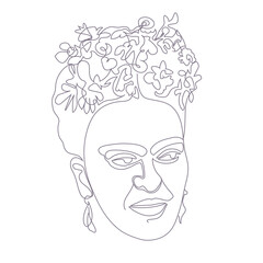Frida Kahlo . Beautiful vector one line illustration of woman portrait