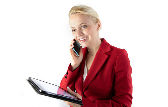 Young blond business woman on the isolated white backgroung.