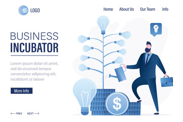 Business incubator landing page template. Businessman watering tree tree on which new ideas grow. Male investor grows plant.