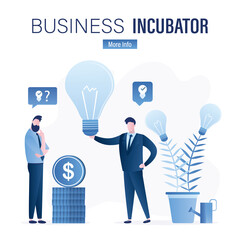 Business incubator banner. Businessman stands near ideas tree and gives lighbulb. Development of new startups and innovations,