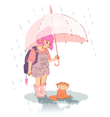 Little cute girl with a cat under an umbrella in the rain. Isolated vector illustration