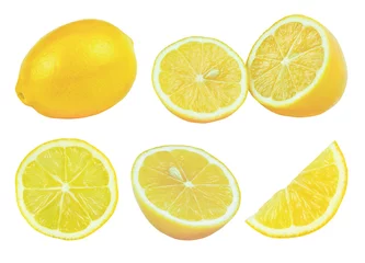 Foto op Plexiglas Citroenen zijaanzicht geïsoleerd op een witte achtergrond. Set van citroen fruit. © Albert Ziganshin