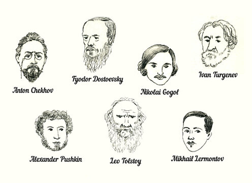 Hand drawing set sketches of Russian great writers. Only head portraits