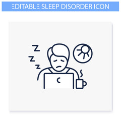 Narcolepsy line icon. Sleep disorder. Healthy sleeping concept. Sleep problems treatment. Falling asleep in day time. Stress. Fatigue. Health care. Isolated vector illustration. Editable stroke 