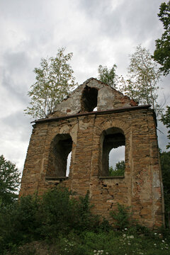 Ruins of old bell tower in Terka, Bieszczady Mountains, Poland