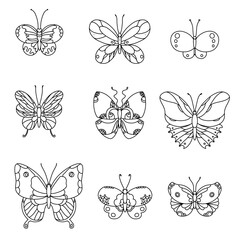 Coloring page set. Set of line butterflies.
