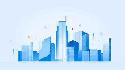 Fototapeta premium Urban landscape with modern buildings, skyscrapers. Simple minimal geometric flat style with blue color theme.