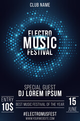 Electro music festival. Party poster. Stylish blue glittering halftone frame. Glowing vibrant ring. Text decoration. Festive banner. Club and DJ name. Vector illustration.