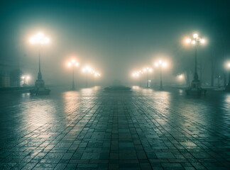 The main alley of a night winter park in a fog. Footpath in a fabulous winter city park at night in...
