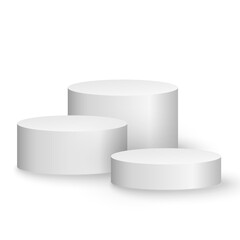 3d platform isolated on white background. Podium for performance or presentation. Empty pedestal. Group of cylinders. Vector illustration.