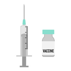 Set of Stylized Syringe Needle and Vaccine Jab Glass Vial Icon. Vector Image.