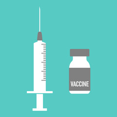 Set of Stylized Syringe Needle and Vaccine Jab Glass Vial Icon. Vector Image.