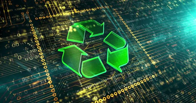 Recycling symbol, environment, ecology, reduce e-waste, green technology and industry icon concept. Metal symbol on circuit board. Abstract concept 3d rendering animation.