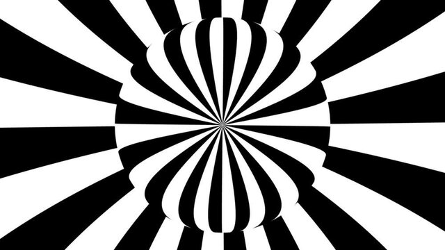 Black and white monochrome optical illusion with geometric pattern, surreal hypnotic seamless looping motion background, psychedelic trendy decorative unreal illusory delusion 3d render animation