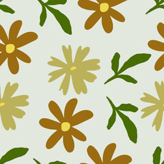 Abstract trendy seamless pattern with random different silhouettes of floral elements  in warm earthy colours. Brown, beige, dark green, pastel. Modern textile, branding, packaging.