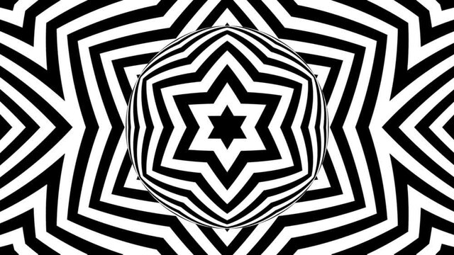 Black and white monochrome optical illusion with geometric pattern, surreal hypnotic seamless looping motion background, psychedelic trendy decorative unreal illusory delusion 3d render animation