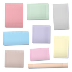 Pastel colored paper sachets, blank unlabeled packaging templates for sugar, salt, tea, seeds, cosmetics, spices, powder, food ingredients etc. Isolated vector illustration on white background. 
