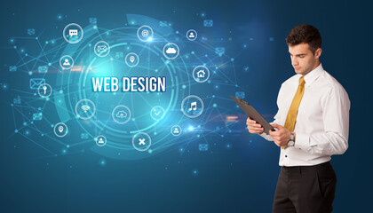 Businessman thinking in front of technology related icons and WEB DESIGN inscription, modern...