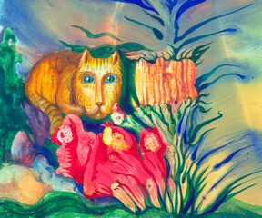 A red cat sits among Fantastic plants, painted in watercolor on a multicolored background, the technique of monotype with texture