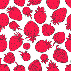 Red strawberries with dark outline on white background seamless pattern