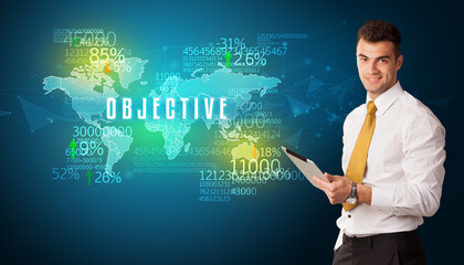 Businessman in front of a decision with OBJECTIVE inscription, business concept