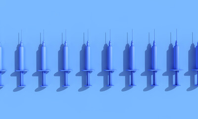 Rows of vaccination syringes lined up on a blue background. 3D Rendering