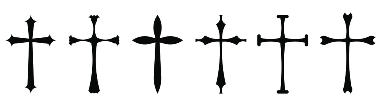 Vector collection of black ink or paint religion or faith cross symbol set isolated on white background. Abstract christian religious belief or faith art illustration for orthodox or catholic design