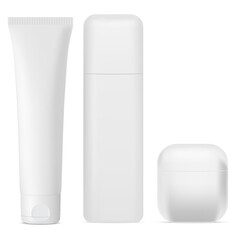 Cosmetic product bottle. Cream jar, tube white vector blank. Beauty package 3d illustration plastic pack mockup. Face care and body moisturizer template. Sample design set for your brand