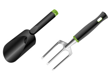 Garden tool rake, scoop agriculture plant tool set. Spring yard equipment for soil, woman hobby
