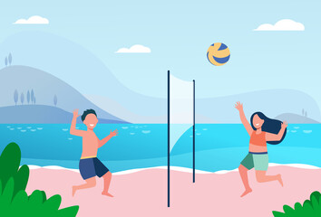 Kids playing beach volleyball. Lake, children at seaside, ball game. Flat vector illustration. Summer vacation, childhood, sport activity concept for banner, website design or landing web page