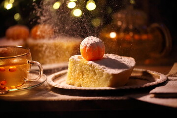 A piece of sponge cake with tea