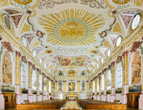 Interior of Burgersaal Church (Burgersaalkirche) in Munich, Germany. The Burgersaal was built in 1709-1710 by Giovanni Antonio Viscardi as a prayer and assembly hall. Since 1778 it is used as a church