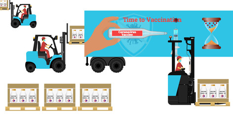 Forklift trucks loads the cargo with Vaccines Covid -19 into the truck.Warehouse medical interior.Cargo delivery, shipping.Box and pallets.Flat design.Stock vector illustration on isolated background.