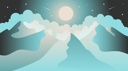 Full moon with clouds and mountains. Unbelievable mountain landscape. Moonlight. Vector illustration. Exciting view. Nature abstract mountain landscape